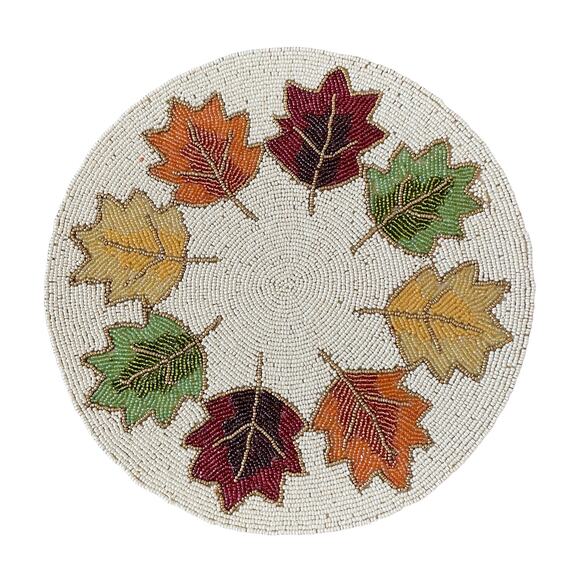 2pc NICOLE MILLER Beaded Fall Leaves 15in Round Placemat Charger Multicolor NEW - Picture 8 of 12